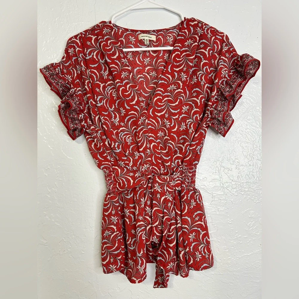 Max Studio Red Print Short-Sleeve Blouse, peplum,floral, fairycore - Picture 2 of 5